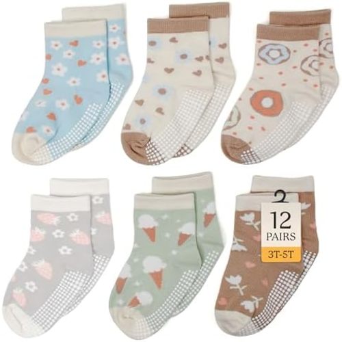 CozyWay Baby & Toddler Socks With Grippers Non Slip Crew Grip Socks for Girls and Boys Soft Comfy Cotton - 12 Pack