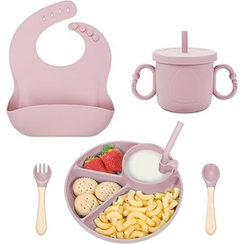 MIICASA Ensemble d'alimentation en silicone pour bébé, fournitures de sevrage LED pour bébé, essentiels pour manger bébé avec assiette à ventouse, ustensiles d'alimentation pour tout-petits avec