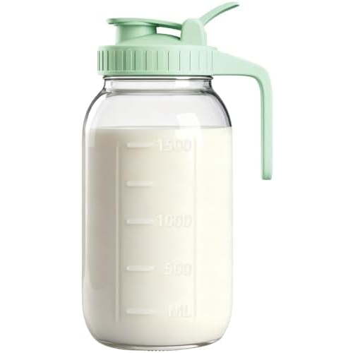 64oz Glass Breast Milk Pitcher with Lid & Pour Spout, 2 Quart Airtight Leakproof BreastMilk Fridge Storage Container - Wide Mouth, Dishwasher Safe Formula Pitcher with Handle