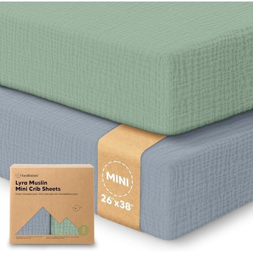 2-Pack Muslin Mini Crib Sheets for Boys, Girls - 38x26 Pack and Play Sheets Fitted, Organic Cotton, Compatible with Graco Pack N Play Mattress, Neutral Toddler Playard Bedding, Soft Breathable (Slate)