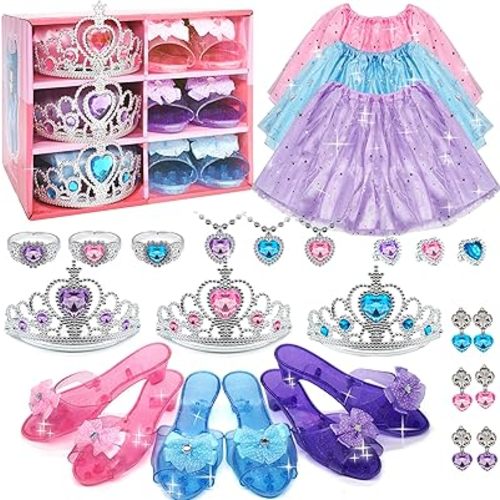 Princess Dress Up for Girls - Toddlers Clothes with Skirts, Shoes, Crown & Play Jewelry, Princess Costume Toys for Girls Age 3,4,5,6 Year Old, Kids Shoes Role Play Gift Idea for Birthday Christmas