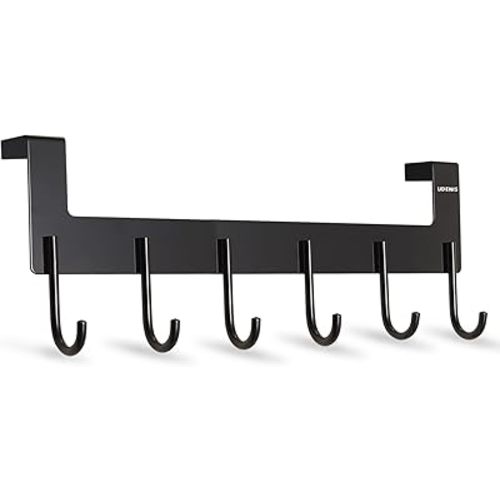 Over Door Hanger, Aluminum Over The Door Towel Rack Hooks with 6 Hook for Hanging Towel Robe Coat Bathroom Bedroom, Towel Rails, Metal Black