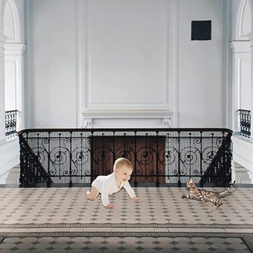JIFTOK Baby Gate for Stairs, Banister Guard for Kids, Pets, Toys, 39ft L x 2.6 ft H, Mesh Netting Safety Net for Balcony Rail Stair, Stairway Net Baby Safety Products for Indoor & Outdoor (Black)