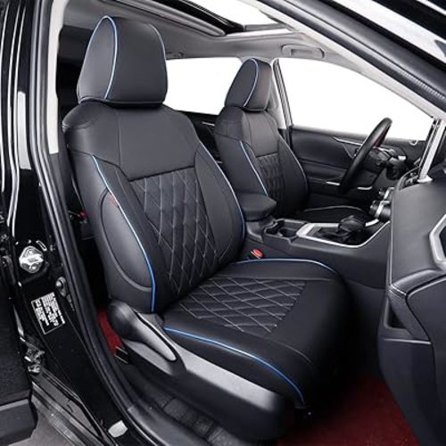 EKR Rav4 Seat Covers Custom Fit for Toyota Rav4 2019 2020 2021 2022 2023 2024 2025 LE,XLE,XLE Premium,Limited, Leather Truck Seat Cover Full Set for SUV,Faux Leather(Black with Blue Piping)