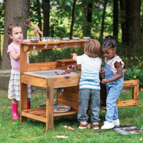 Guidecraft Acadia Kids' Outdoor Mud Kitchen Playset - Pretend Play Kitchen with Sink, Stove, and Accessories | Wooden Backyard Playset