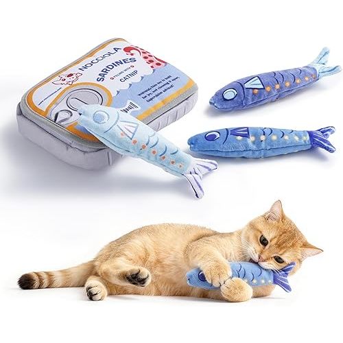 Nocciola Catnip Toys for Indoor Cats - 3 Pack Cat Toys Fish with Sardine Can Pouch, Cat Nip Toys Cat Kicker Toy with Crinkle Paper, Interactive Cat Toy for Kitten Enrichment, Cat Gifts