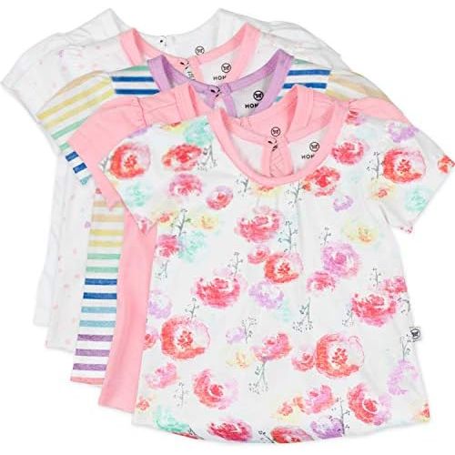 HonestBaby Baby-Girls 5-Pack Puff Sleeve T-Shirts 100% Organic Cotton Baby, Toddler, Little Kid, Girl