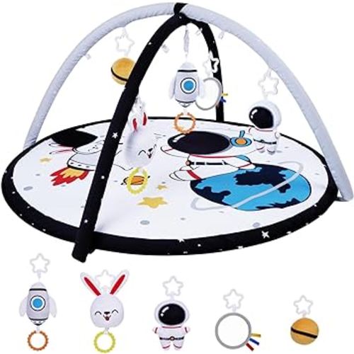 Lovvie & Joy Baby Play Activity Gym Tummy Time Mat for Newborn Infant,Baby Gyms & Playmats for Babies 0-6 9 12 Months with 5 Toys for Early Sensory Exploration and Motor Skill Development Space