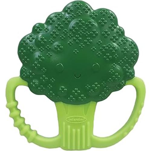 Infantino Lil' Nibbles Textured Silicone Baby Teether - Sensory Exploration and Teething Relief with Easy to Hold Handles, Green Broccoli, 0+ Months