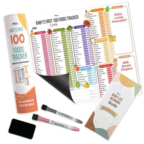 Mewl Baby First Foods Tracker & Baby Led Weaning Book Mini Guide - Reusable 100 Foods Before 1 Checklist Dry Erase Board