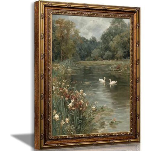 Vintage Gold Framed Art Impressionist Swan Lake Landscape Painting Nature Scenery Canvas Print Wall Decor Artwork for Bedroom Living Room Office Home Decoration 12x16Inch