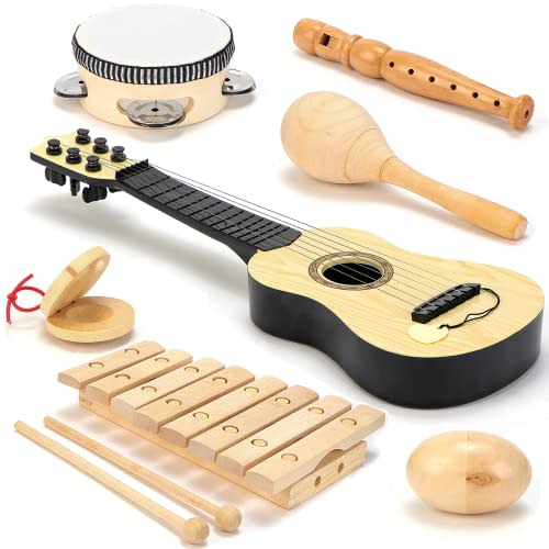 Wooden Kids Musical Instruments - Kids Musical Toys for Toddlers 1-3 - Toddler Learning Toys Music Set Kids Guitar Maracas Toddler Xylophone Tambourine Castanet Egg shaker Recorder instrument for kids