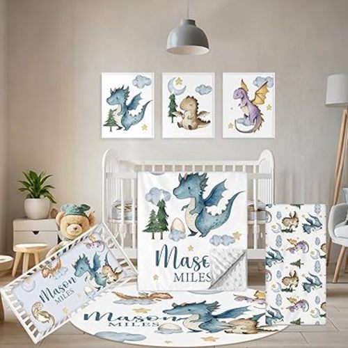Terwex Custom Baby Crib Bedding Set, 5 Pcs Personalized Name Baby Crib Sets for Infant Toddler, Blue Dinosaur Nursery Bedding Set for Baby Boy, Double Layer Baby Bedding Sets Customized Gifts