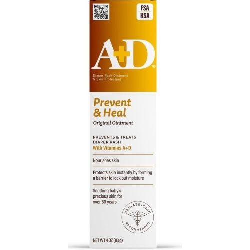 A+D Original Diaper Rash Ointment Prevents & Treats Diaper Rash, Moisturizing Skin Protectant with Vitamins A & D, Healing Skin Ointment for Dry and Cracked Skin 4oz