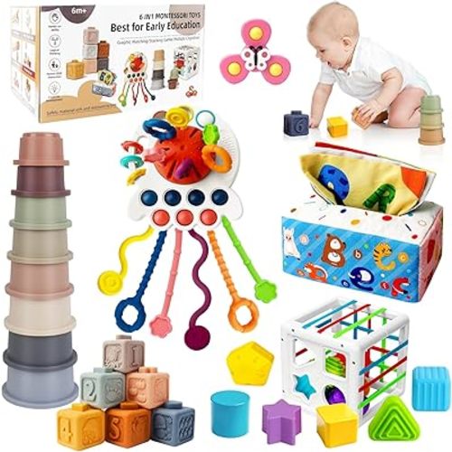 6 in 1 Montessori Toys for Babies 6-12 Months Up - Incl Pull String Toy, Stacking Cups, Tissue Box, Suction Cup Spinner, Stacking Blocks,Activity Cube, Baby Toys for 1 2 3 Year Old