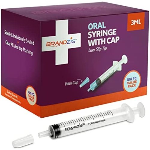3ml Syringe With Cap (100 Pack) | Oral Dispenser Without Needle, Luer Slip Tip | Individually Wrapped Medicine Dropper For Infants & Pets