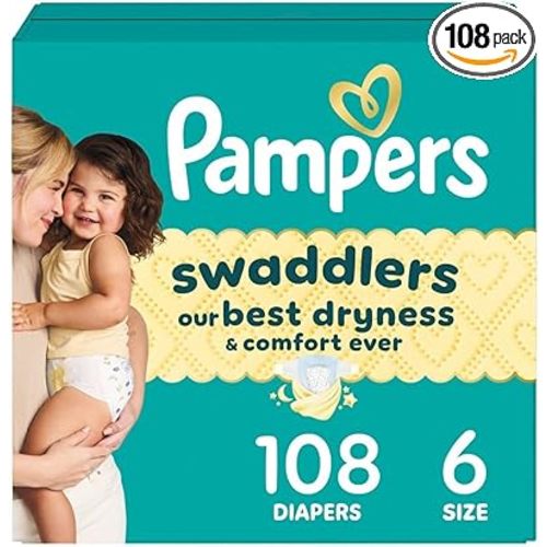 Pampers Swaddlers Diapers, Size 6 (23-44 lbs), 108 Count, Absorbent, Keeps Baby Dry and Comfortable, Skin Safe Disposable Baby Diaper (Packaging May Vary)