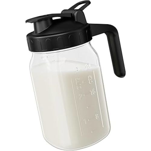 Breast Milk Pitcher Jug - 32 oz Glass Mason Jar Airtight Pitcher with Pour Spout Handle for Breastmilk, Iced Tea, Ice Drinks Storage Container（Black）