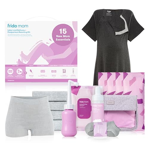 Frida Mom 15pc Labor & Postpartum Kit Gift Set for Baby Showers & Mom to Be, Includes Peri Bottle, Nursing Gown, Disposable Underwear, Ice Maxi Pads, Pad Liners, Perineal Foam, Socks & Toiletry Bag