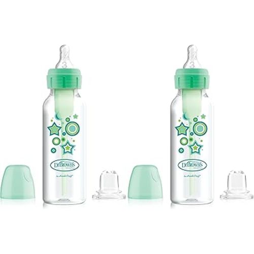 Dr. Brown's Anti-Colic Options+ Narrow Sippy Bottle Starter Kit, 8oz/250mL, with Level 3 Medium-Fast Flow Nipple and Soft 100% Silicone Sippy Spout, Green, BPA Free, 6m+ (Pack of 2)