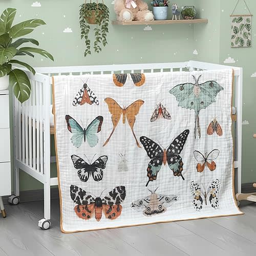 Butterfly Muslin Blanket 47 x 47 Inch Warm Soft Cotton Muslin Swaddle Blanket, Boho Nursery Swaddling Wrap Quilt for Girls Bedding Gift, Spring Summer Nap, Crib Bed Sofa Nursery Decor