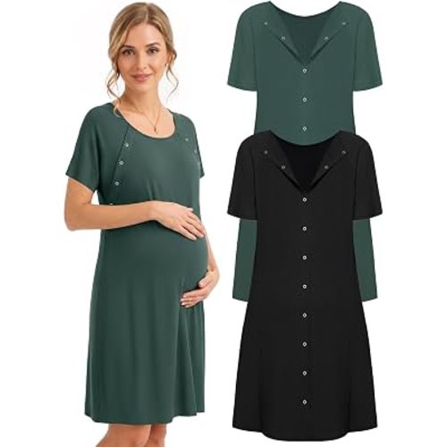 Ekouaer 2 Pack Labor and Delivery Gown 3 in 1 Maternity Nursing Hospital Nightgown Short Sleeve Breastfeeding Gowns