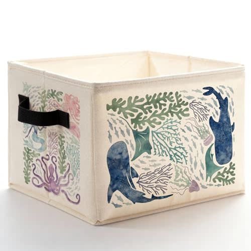 Coastal Beach Sea Animal Storage Bins Box with Handles, Ocean Mermaid Octopus Whale Shark Coral Foldable Basket Toybox for Kids Room Nursery Playroom Bathroom Home Clothes Toys Books