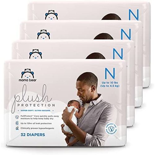 Amazon Brand - Mama Bear Plush Protection Newborn Diapers, Ultra-soft, Hypoallergenic, Dermatologist Tested, For Babies Weighing Up to 10 Pounds, Assorted Print, 128 Count (4 Packs of 32)