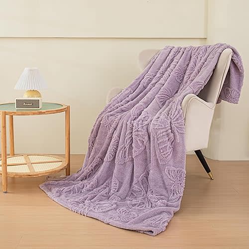 Peopleareok Purple Fleece Blanket Full Size for Couch or Bed, 3D Butterfly Jacquard Decorative Blankets, Cozy Soft Lightweight Fuzzy Flannel Blanket Suitable for All Seasons(80"×90",Purple)
