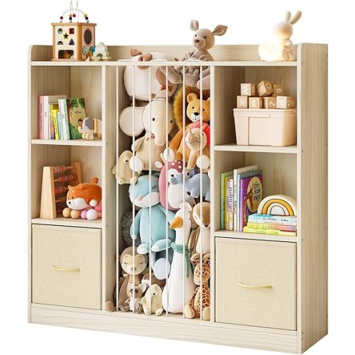 Toy Storage Organizer with Stuffed Animal Storage, Wooden Toy Organizer & Stuffed Animal Zoo, 6 Cubes Shelf with Removable Drawers, 4 -in-1 Book Shelf for Kids Room, Playroom, Nursery