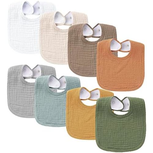Konssy 8-Pack Muslin Baby Bibs, Adjustable Fit for Drooling and Teething