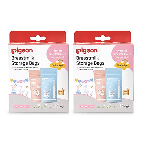 Pigeon Breast Milk Storage Bag, Disposable Self Standing Bag, 5 Colourful Design, 50 Pcs (Pack of 2), 6 Oz
