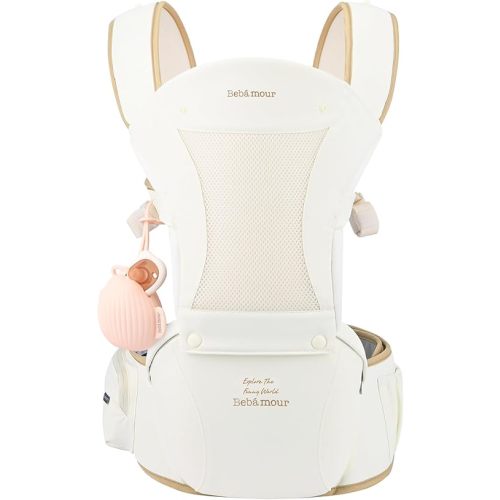 Bebamour Baby Carrier with Hip Seat,All-Position Breathable Mesh Hip Seat & Carrier 0-36Months with Head Hood, 3 PCS Teething Pads, Waist Extender,Storage Bag & Pacifier Case(Khaki)