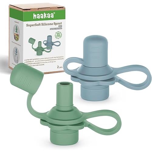 haakaa Multi-Functional Silicone Spout,Pouch Topper No Spill,Water Bottle Topper for Toddlers,100% Food Grade Silicone,2 Pack