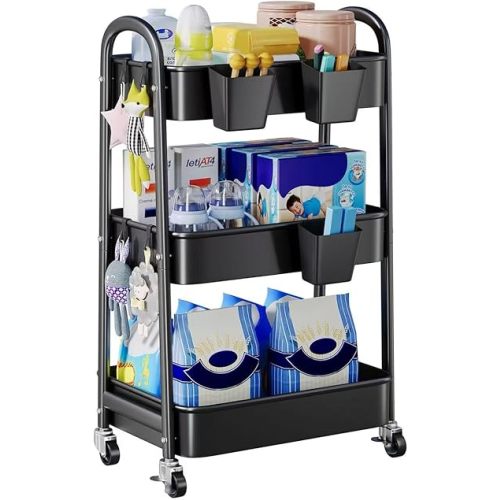 Baby Diaper Caddy, 3 Tier Rolling Baby Essentials Storage Cart with lockable Wheels, Newborn Must Haves Stuff Organizer, Black Three Tiered Utility Carts for Art, Craft, Changing Diaper Table, Nursery