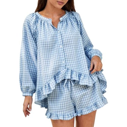 COZYPOIN Womens Gingham Pajama Set 2 Piece 100% Cotton Ruffle Lounge Set | Puff Long Sleeve Button Babydoll Top, Plaid Shorts Ruffle Shorts, Soft, Elastic Waistband, Side Pockets, Cute Maternity Set