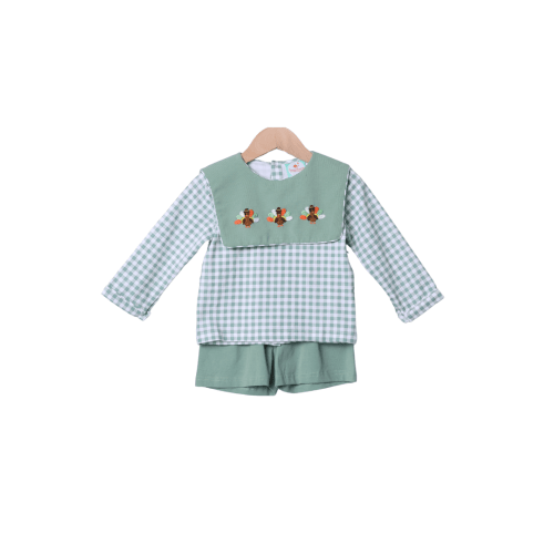 Embroidered Turkey Sage Green Gingham Short Set