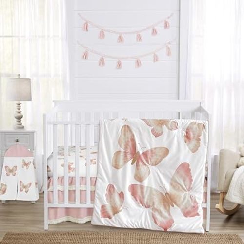 Sweet Jojo Designs Pink and Taupe Boho Butterfly Girl Baby Crib Bedding Set Infant Nursery Room Blanket Fitted Sheet Skirt Diaper Stacker 4pc Ivory Tan Bohemian Shabby Chic Watercolor Fringe Tassel