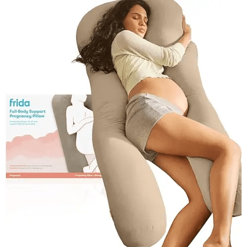 Frida Mom Full Body Support Pregnancy Pillow, Cooling Pregnancy Pillow, Wraps Around for All Over Support, Extended Length to Support from Head to Toe, Easy to Clean, Compact Storage Bag, Taupe