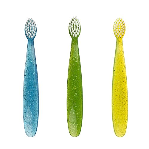 RADIUS Children's Toothbrush, Totz Brush, Extra Soft Bristles, Blue/Green/Yellow, BPA Free & ADA Accepted, Designed for Delicate Teeth & Gums for Children 18 Months & Up, Pack of 3