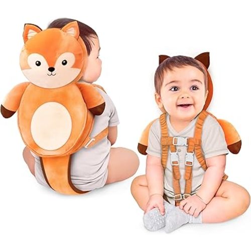 Baby Head Protector Backpack, 100% Cotton Non-Toxic Hypoallergenic Baby Backpack Head Protection Pillow, Full Head Coverage, Baby Head Pillow for Falling, Secure, Durable, Fox (Orange)