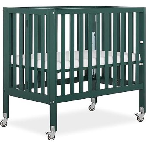 Dream On Me Jett Mini Folding Baby Crib in Olive, GreenGuard Gold & JPMA, Lightweight & Portable, Patented Flat Folding System for Small Spaces & Travel, 1.5” Mattress Pad, 3 Heights, Safe Wheels