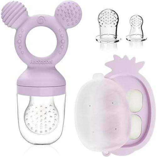 Teething Toys, Baby Fruit Food Feeder, Breastmilk Popsicle Molds for Baby Cooling Relief (Purple, Mini Mouse)