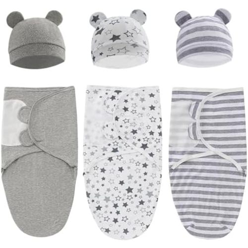 Baby Swaddle Sleep Sack with Hat Set for 0-3 months 3-Pack Soft Cotton Newborn Wearable Swaddle Wrap for Girls Boys