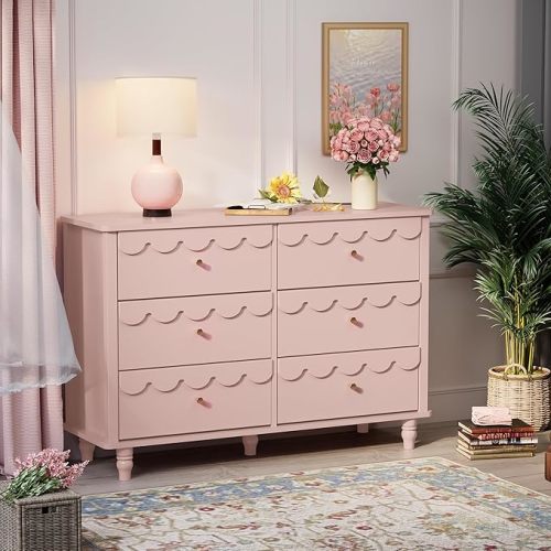 Anbuy Pink Scalloped Nursery Chests and Nursery Chests and Dresser for Kids Bedroom Wood 6 Drawer Dresser, Dressers & Chests of Drawers with Metal Handles for Bedroom, Nursery, Hallway