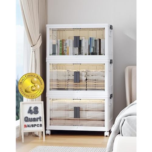 OlarHike 144QT Lockable Storage Bins with Lids - Folding Storage box with Doors and Wheels, Collapsible Plastic Bins for Closets, Stackable Organizer and Containers, Christmas Gifts, 3 Pack Cubes