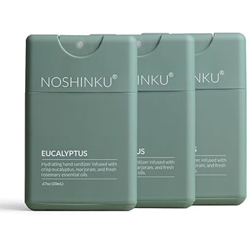Noshinku - Refillable Hand Sanitizer Eucalyptus 3-Pack, Travel Size Spray with Hydrating Botanical Oils, Natural Ingredients, All Natural Fragrances, Sugarcane Derived Alcohol, No Parabens, No Dyes