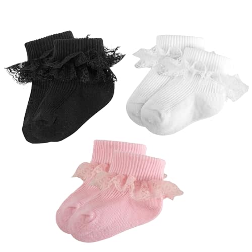 MKYSZLT Baby Girl Ruffle Socks Eyelet Double Lace Turn Cuff Ankle Frilly Dress Socks for Newborn/Infant/Toddler/Little Kids