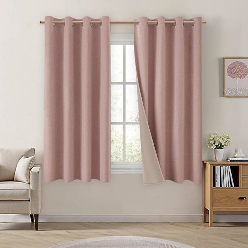 HOMEIDEAS Blush Pink 100% Blackout Curtains 63 Inches Long, Thick Faux Linen/Linen Blend Textured Window Drapes, Cute Room Darkening Grommet Curtains for Girls Bedroom, Nursery, Living Room
