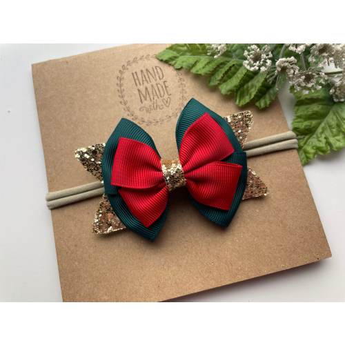 First Christmas Baby Headband – Hunter Green, Red & Gold Glitter Bow on Soft Nylon | Holiday Headband for Newborn to Toddler